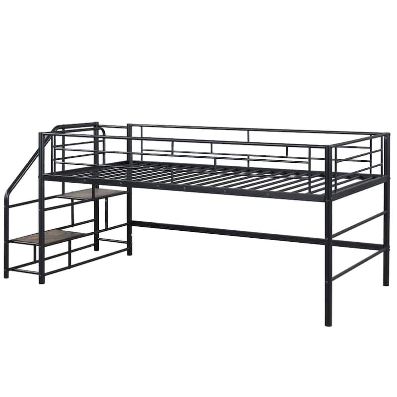 Twin Size MDF Metal Mid Loft Bed with Storage stairs and Fence for Kids, Boys and Girls, Bedroom