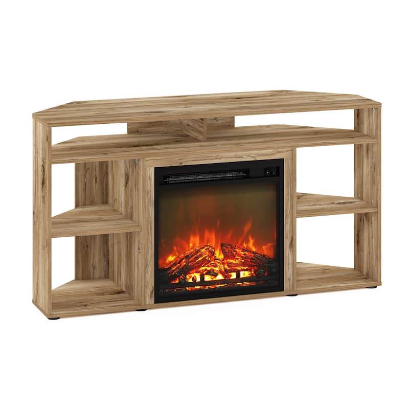 Furinno Jensen Corner TV Stand with Fireplace for TV up to 55 Inches - Flagstaff Oak