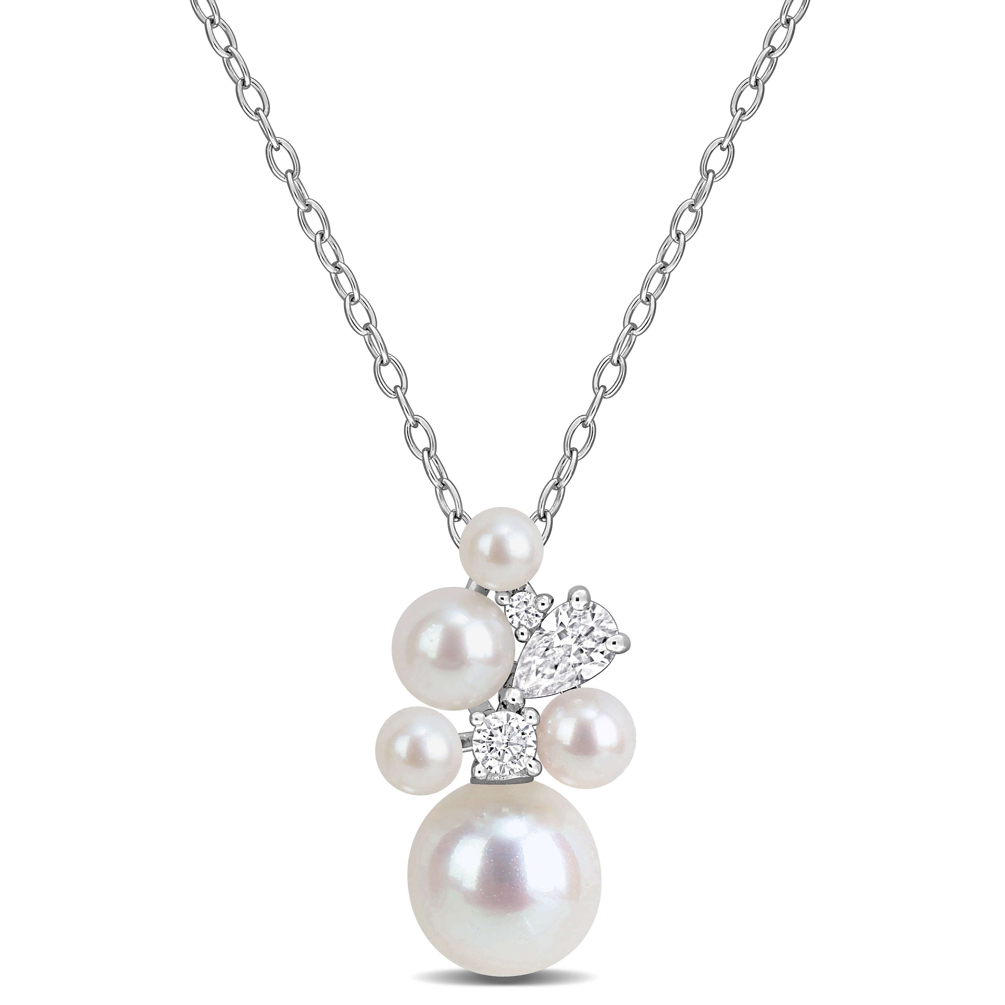 Miadora Created Moissanite and Freshwater Cultured Pearl Necklace Sterling Silver
