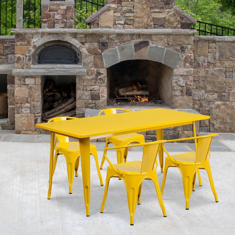 31.5'' x 63'' Rectangular Metal Indoor-Outdoor Table Set with 4 Arm Chairs - Yellow