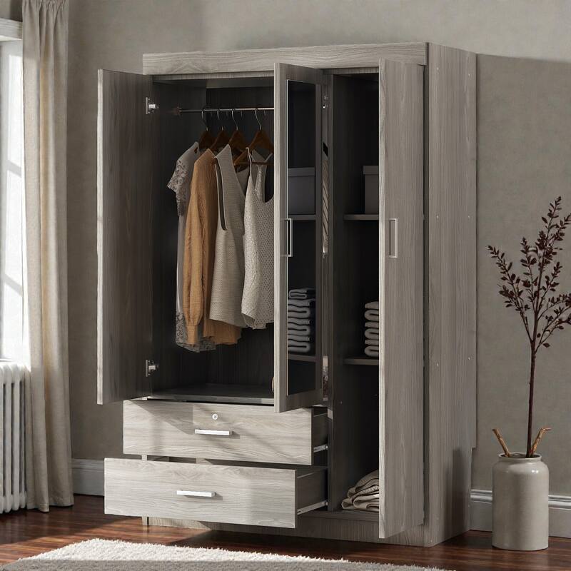 3 Door Wardrobe with Mirror and Shelves, MDF Bedroom Armoire with Lockable Drawer and Storage Drawers