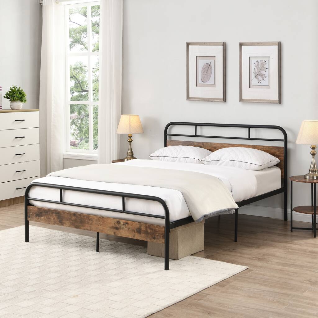 Full Size platform bed frame with wooden headboard and metal slats.