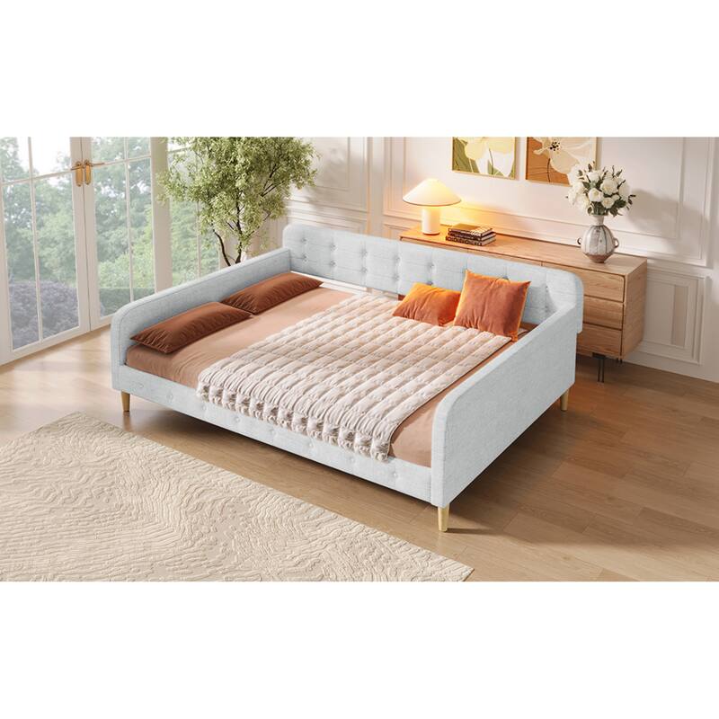 Roomfitters Queen Size Upholstered Daybed, Mid-Century Modern Sofa Bed Frame with Backrest and Tapered Wood Legs