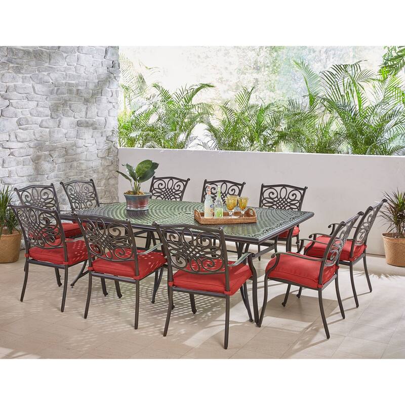 Hanover Traditions 11-Piece Dining Set in Red with Ten Stationary Dining Chairs and an Extra-Long Dining Table