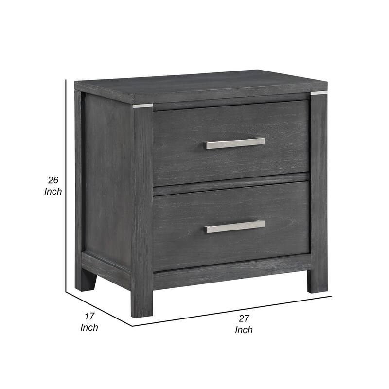 Tal 27 Inch Nightstand, 2 Drawers with Chrome Handles, Charcoal Gray Finish