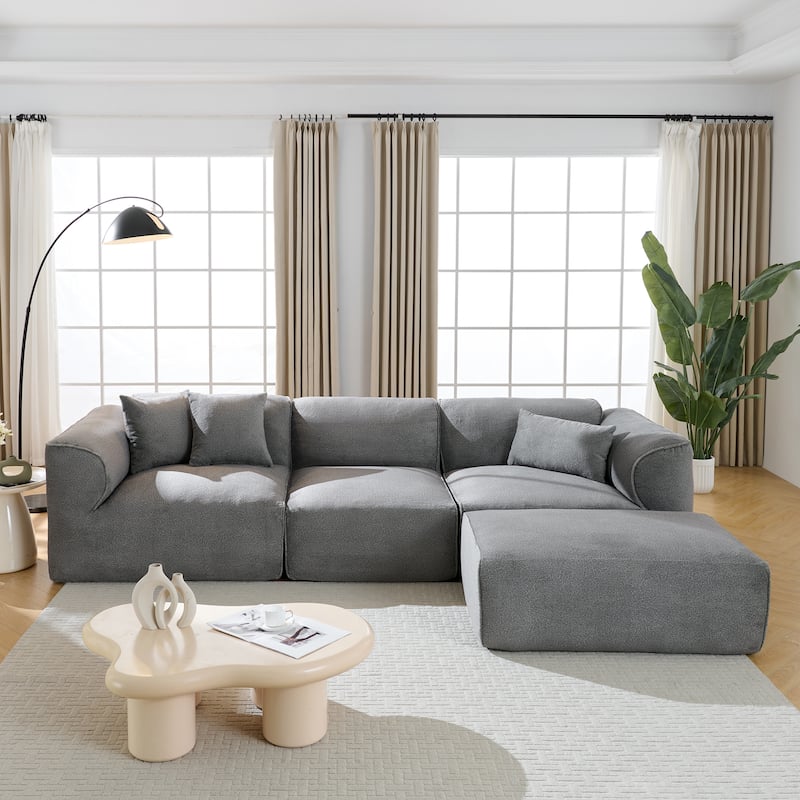122.1" Velvet Sectional Sofa with Ottoman & Pillows - Gray