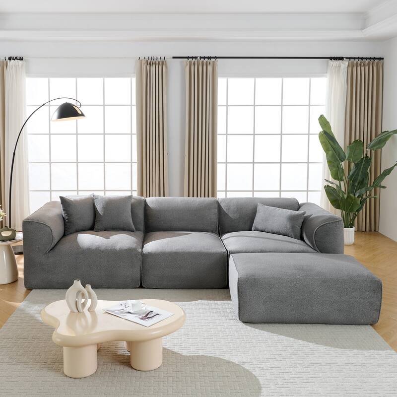 Luxury Velvet 4-Seater Sofa - Double-Needle Stitching with Detachable Footstool & 3 Throw Pillows - Grey