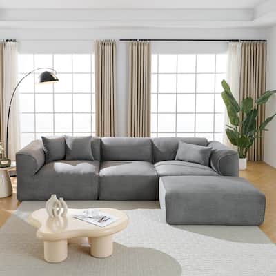 Modern Sectional Luxury Velvet 4-Seat Sofa with Removable Ottoman and Pillows for Living Room Apartment