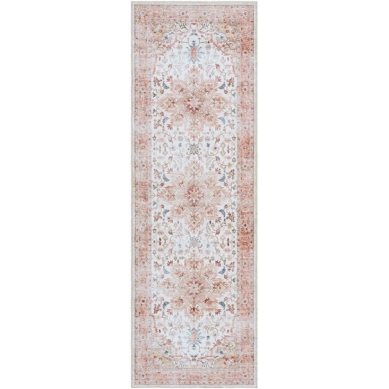 Livabliss Traditional Lavable Medallion Washable Area Rug - 2'6" x 8' - Peach/Off White