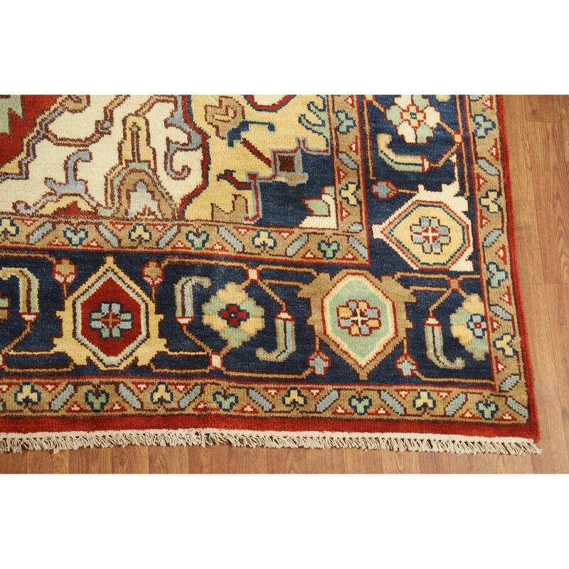 Medallion Heriz Serapi Indian Large Rug Hand-Knotted Wool Carpet - 9'8" x 13'11"