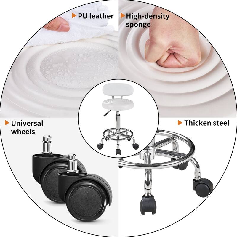 Javlergo White Office Chair Stool PU Leather Backrest Rolling Salon Stool Round Swivel Drafting Spa Stool