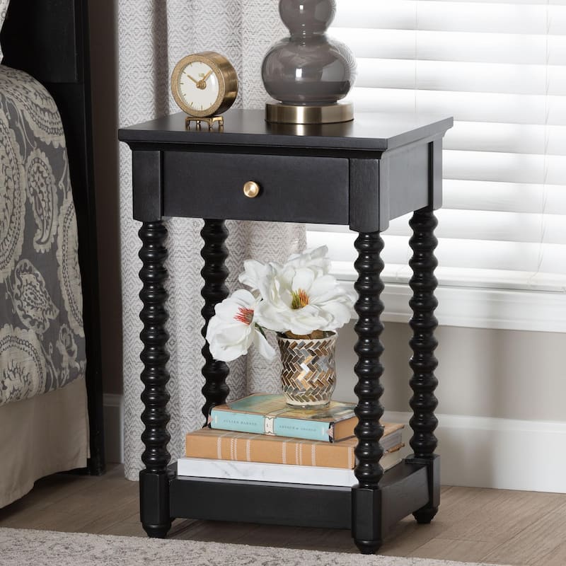 Terentia Nightstand with Bobbin Legs - 1-Drawer Bedroom Side Table with Storage Shelf