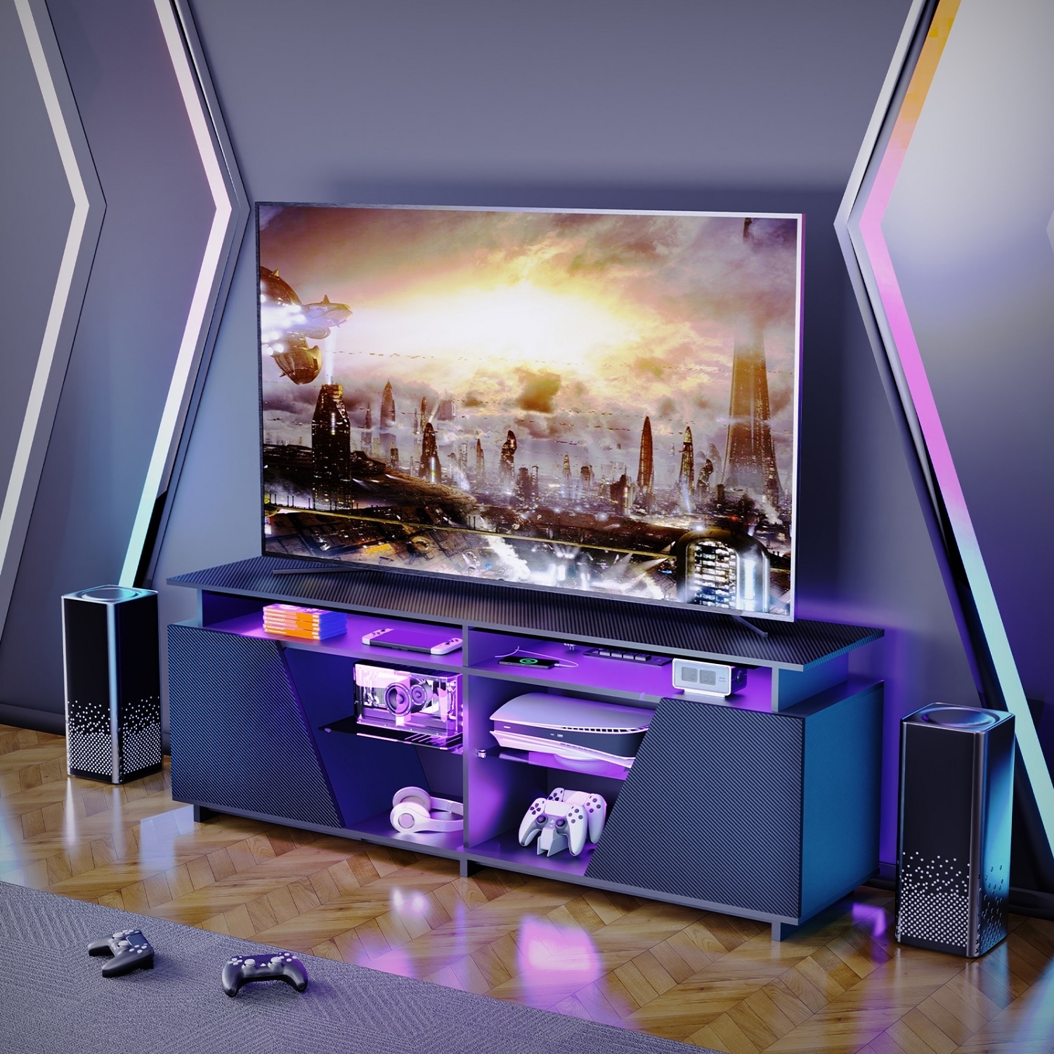 テレビ PS5 Gaming TV Stand for PS5 with Power Outlet,LED Entertainment Center