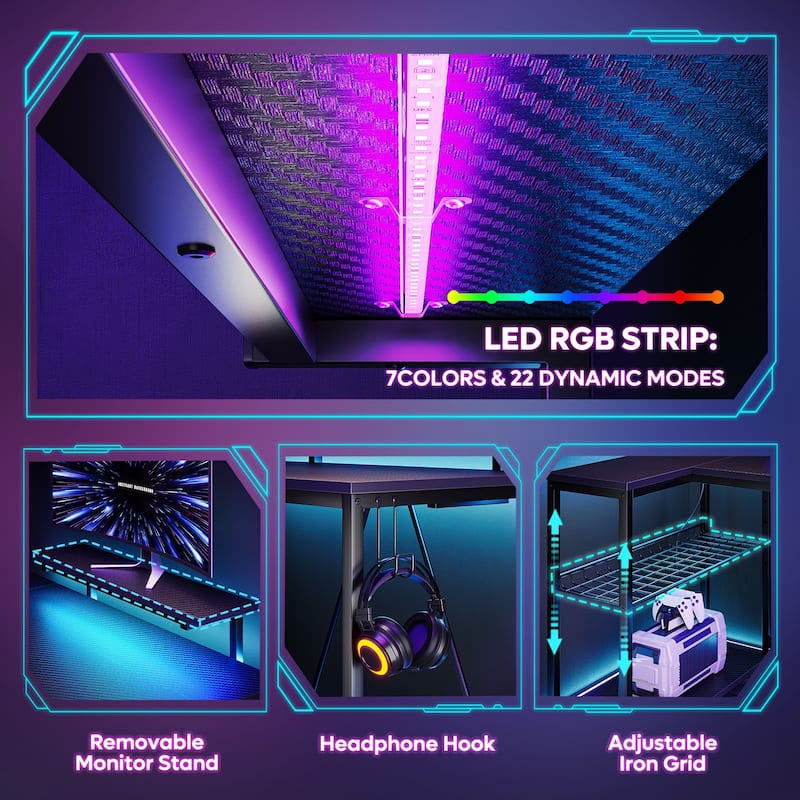 48inch L shaped computer desk with power outlet , Led Gaming desk with Monitor stand