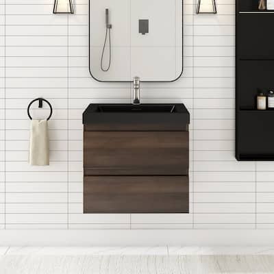 24/30/36 inch Wall-Mounted Bathroom Vanity Set in Grey Oak with Integrated Black Resin Sink