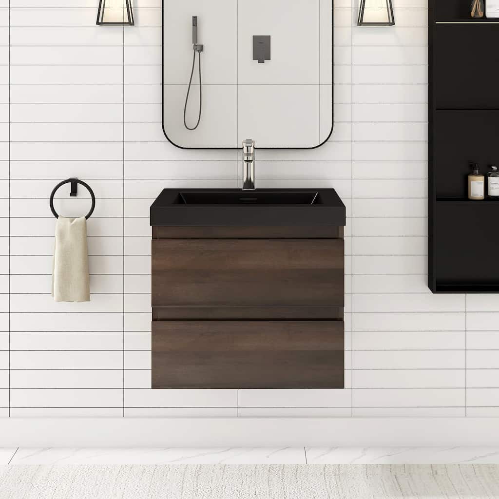 24/30/36 inch Wall-Mounted Bathroom Vanity Set in Grey Oak with Integrated Black Resin Sink