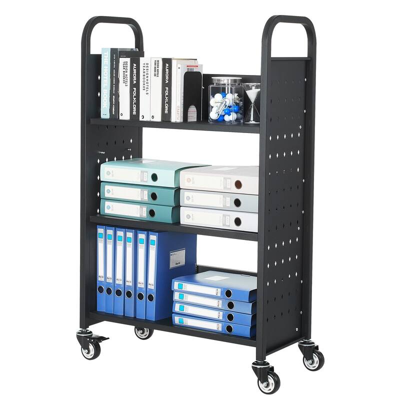 Black 3-Tier Rolling Book Cart with Locking Casters and Large Capacity - 30.3 x 15 x 48.0 in
