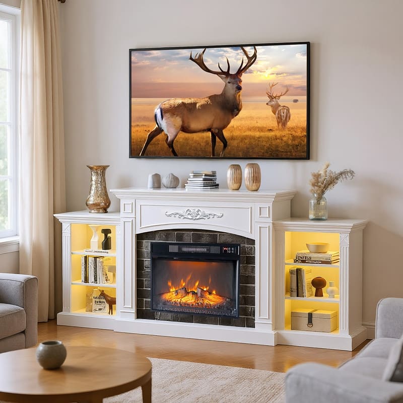 Farmhouse 80'' TV Stand For Tvs Up To 80'' With Electric Fireplace and Adjustable Shelves