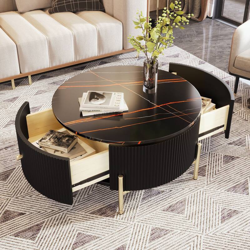 Modern Round Coffee Table with 2 large Drawers Storage Accent Table