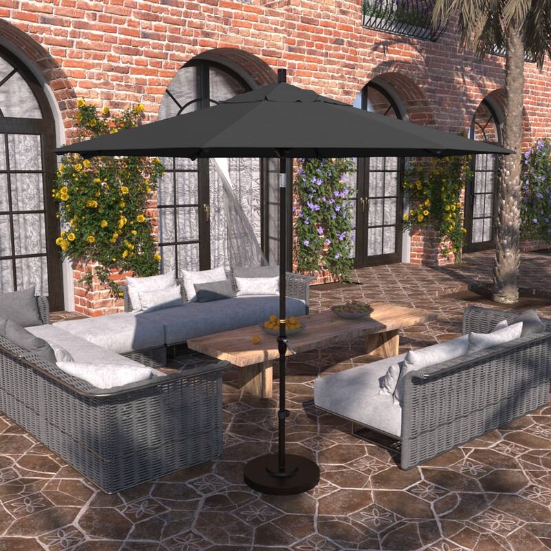 California Umbrella 9' Sunset Series Patio Umbrella Bronze Aluminum Frame and Ribs, Crank Lift Auto Tilt, Olefin Royal Blue - Black