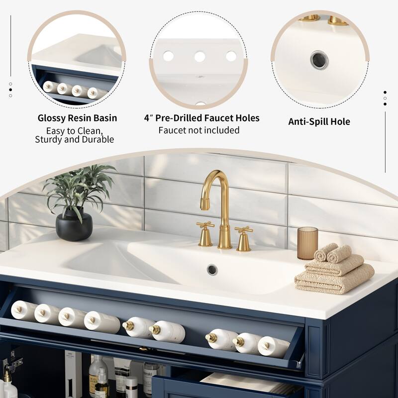 GDFStudio - Riviera Modern Bathroom Vanity with Resin Sink, Tip-Out Drawer and Adjustable Storage - 36'W