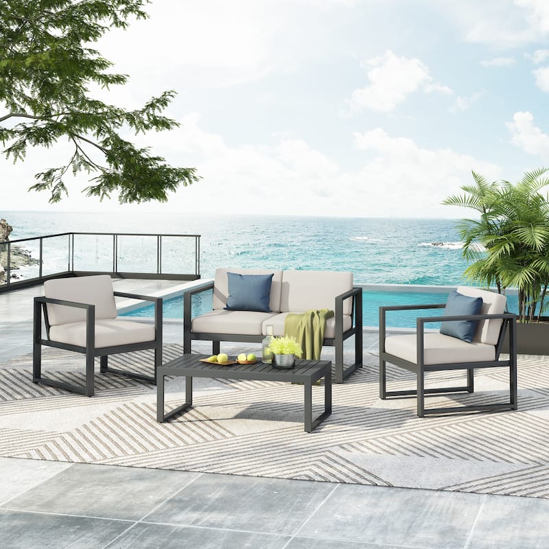Christopher Knight Home - NAVAN 4-Piece Aluminum Patio Chat Set - Black+Beige
