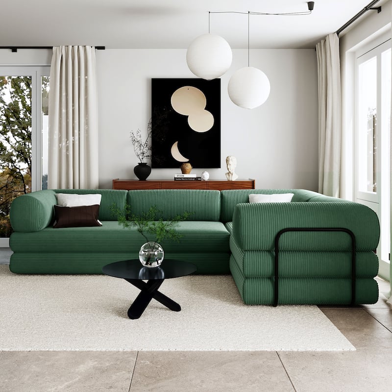 L-Shaped Modular Sectional Sofa with Chaise, Corduroy Convertible Sleeper Sofa Bed, High-Resilience Foam Compressed Sofa - Green