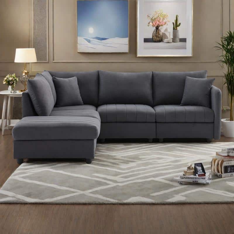 89" Linen-Blend L-Shaped Sectional Sofa with Ottoman, 2 Pillows and Pocket Springs, 360lb Capacity - Dark Gray
