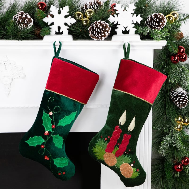 20" Dark Green Burgundy Candle Pine Cone Velveteen Christmas Stocking