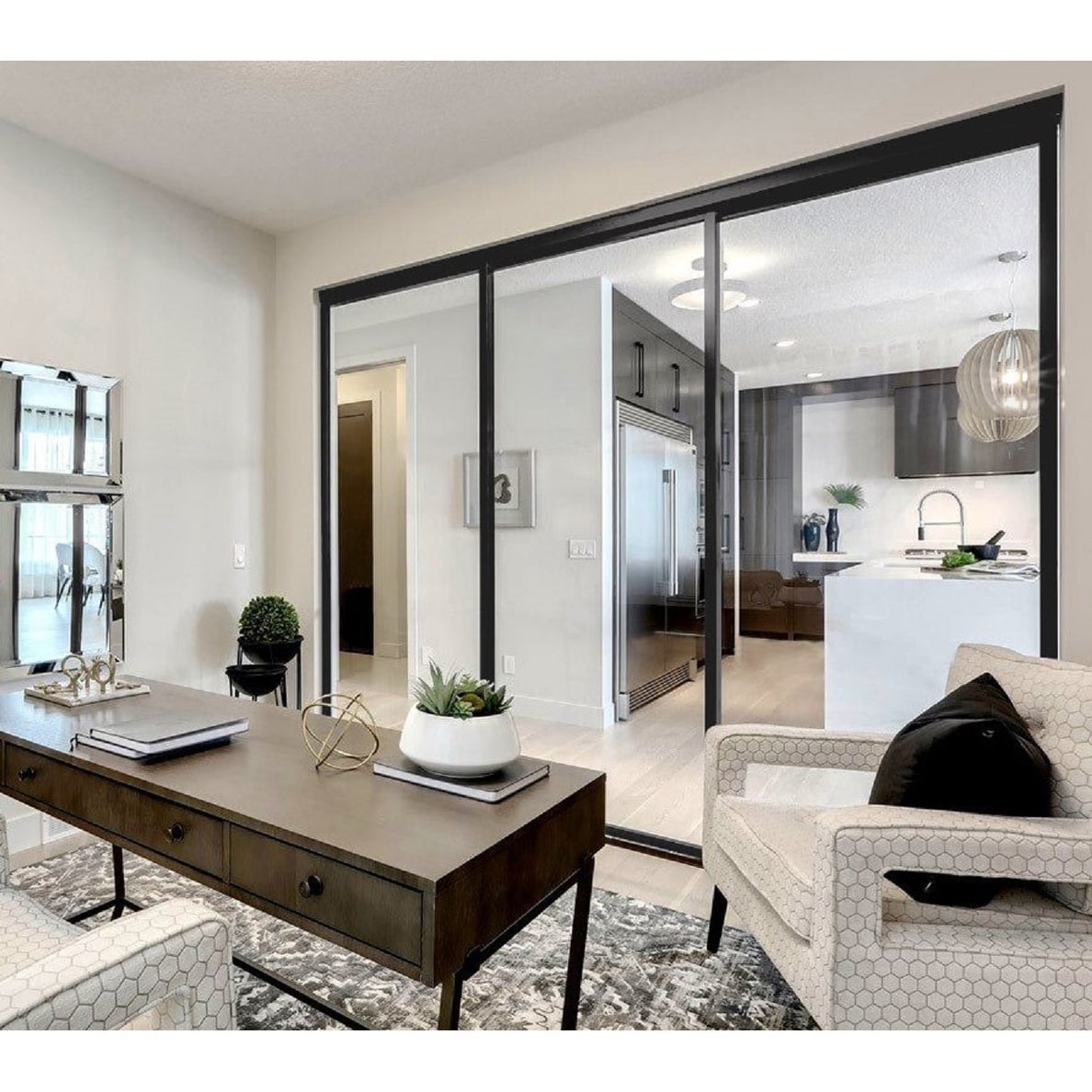 THE SLIDING DOOR COMPANY 3 Panel, Sliding Room Divider, Clear Glass and Aluminum Frame on triple track.