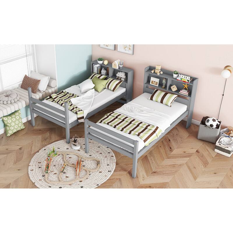 Roomfitters Twin Over Twin Rubber Wood Bunk Bed with Shelves Headboard, Convertible Design, Ladder and Safety Guardrails