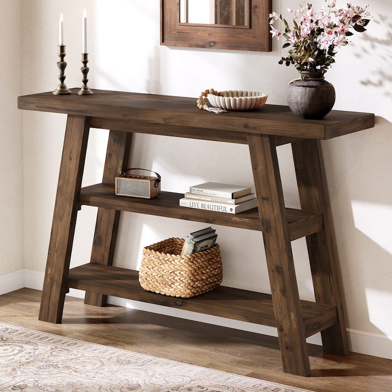 Solid Wood Console Table with 3-Tier Storage Shelves - /