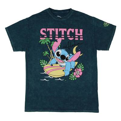 Disney Men's Stitch The Movie Aloha Stitch Acid-Washed Graphic Print Adult T-Shirt