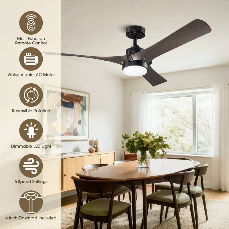 52" Modern Dark Walnut Dimmable LED Propeller Ceiling Fan with Light and Remote