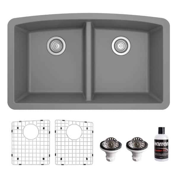 Shop Black Friday Deals On Karran Undermount Quartz 32 In 50 50 Double Bowl Kitchen Sink Kit Overstock 31827630