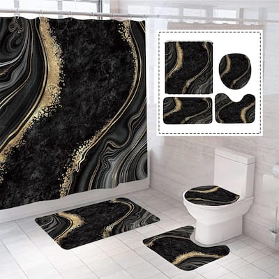4Pcs Luxury Marble Shower Curtain Sets, 72x72 Inch, Black Marble