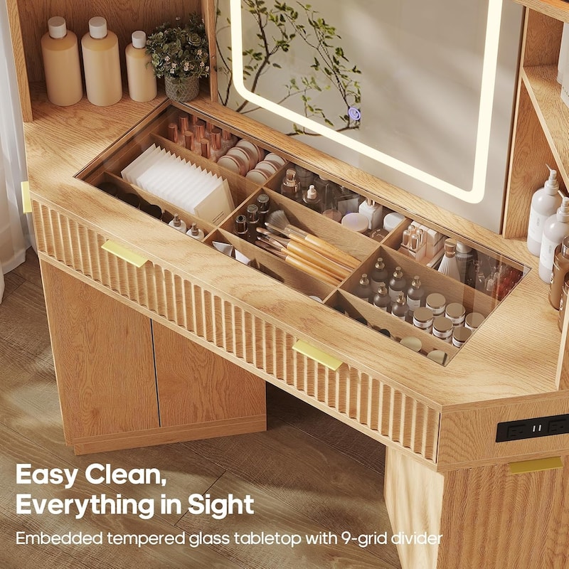Corner Vanity Desk with Lighted Mirror Drawers Shelves Storage Stool