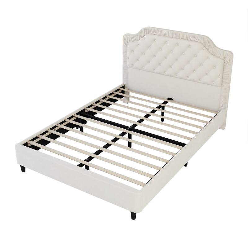 Luxurious Velvet Platform Bed Frame with Tufted & Pleated Headboard, Sturdy Wood Base - Full, Queen, King
