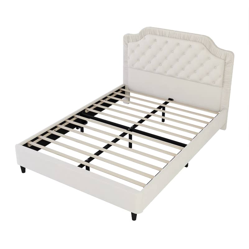 Velvet Upholstered Platform Bed with Ruched and Button Tufted Headboard, Solid Wood Frame, No Box Spring Needed, Easy Assembly