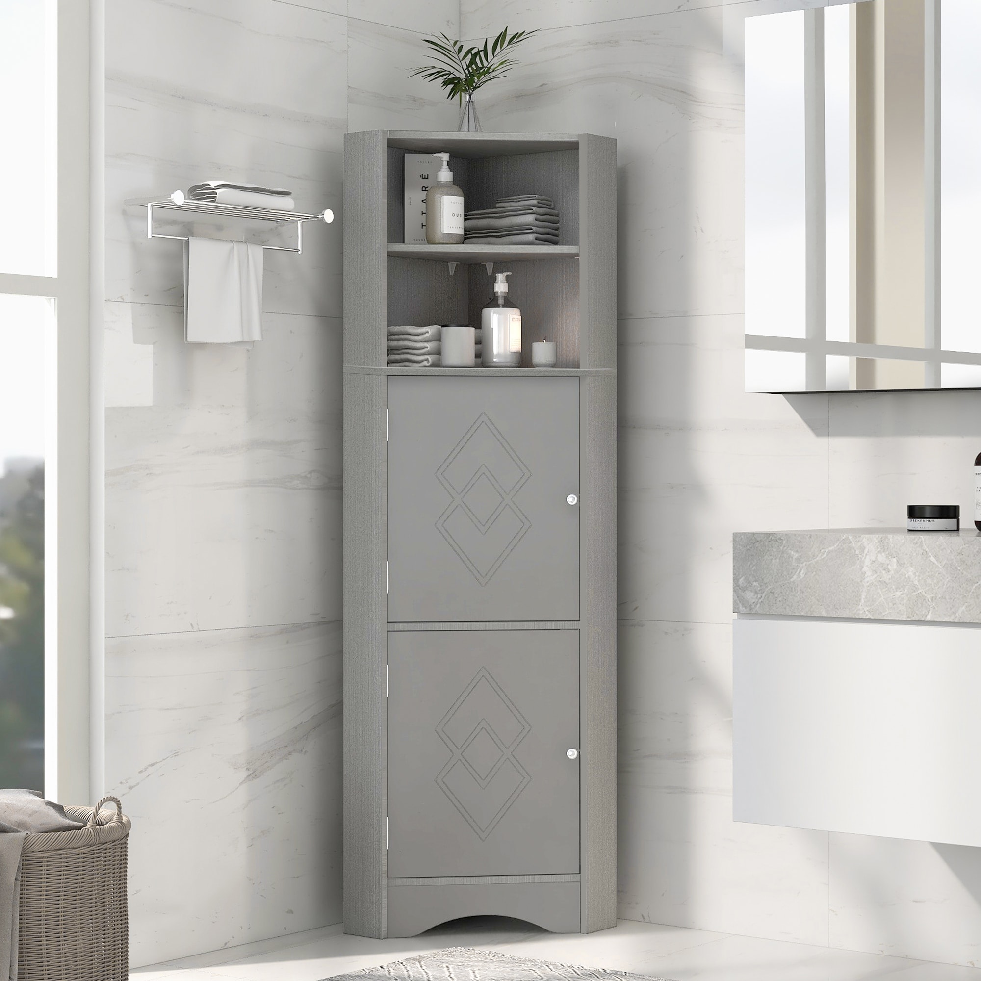 Bathroom Tall Corner Cabinet with Doors and Adjustable Shelves,Grey - Bed  Bath & Beyond - 38881796