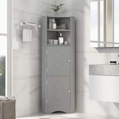 Gray Tall Corner Cabinet with Doors, Adjustable Shelves, & MDF Storage