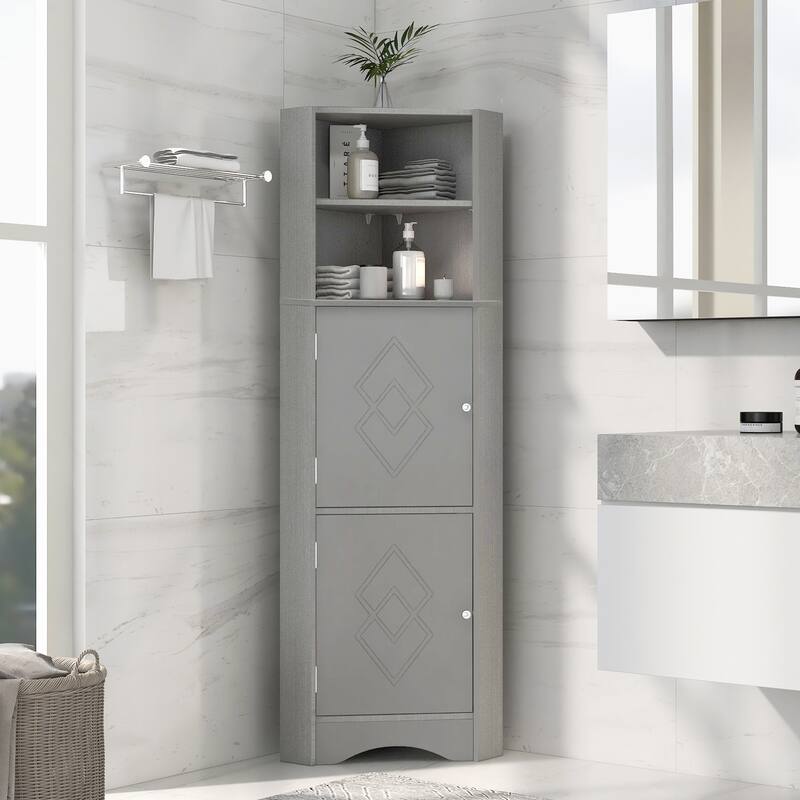 Tall Bathroom Corner Cabinet, Triangle Wood Storage Cabinet, Freestanding Pantry Cabinet with 2 Doors & Adjustable Shelves