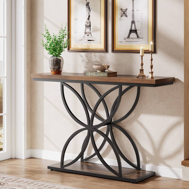 47-Inch Console Table, Industrial Sofa Table with Unique Butterfly Metal Base - Wood - Black Brown