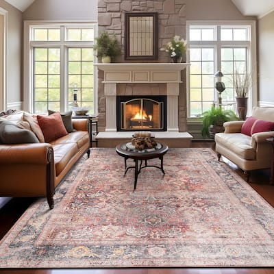 World Rug Gallery Vintage Bordered Machine Washable Non Slip Area Rug