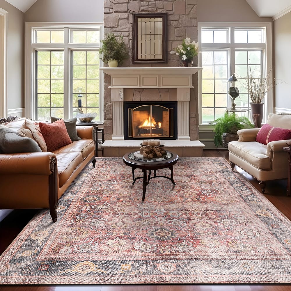 World Rug Gallery Vintage Bordered Washable Non-Slip Area Rug