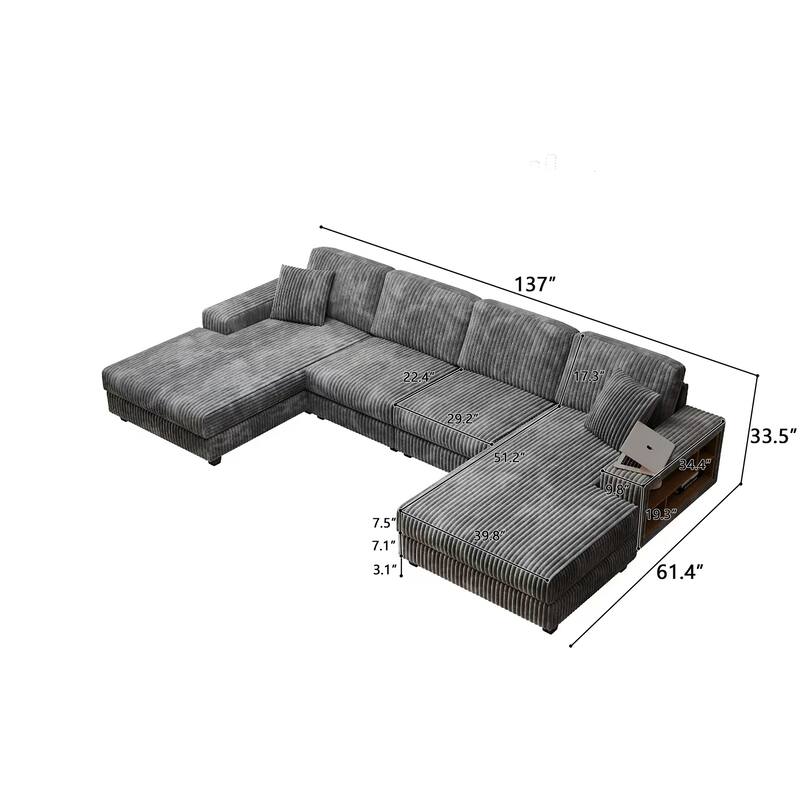 139.76" Corduroy U-Shaped Sectional Sofa with Storage Arms & Pocket Spring Cushions