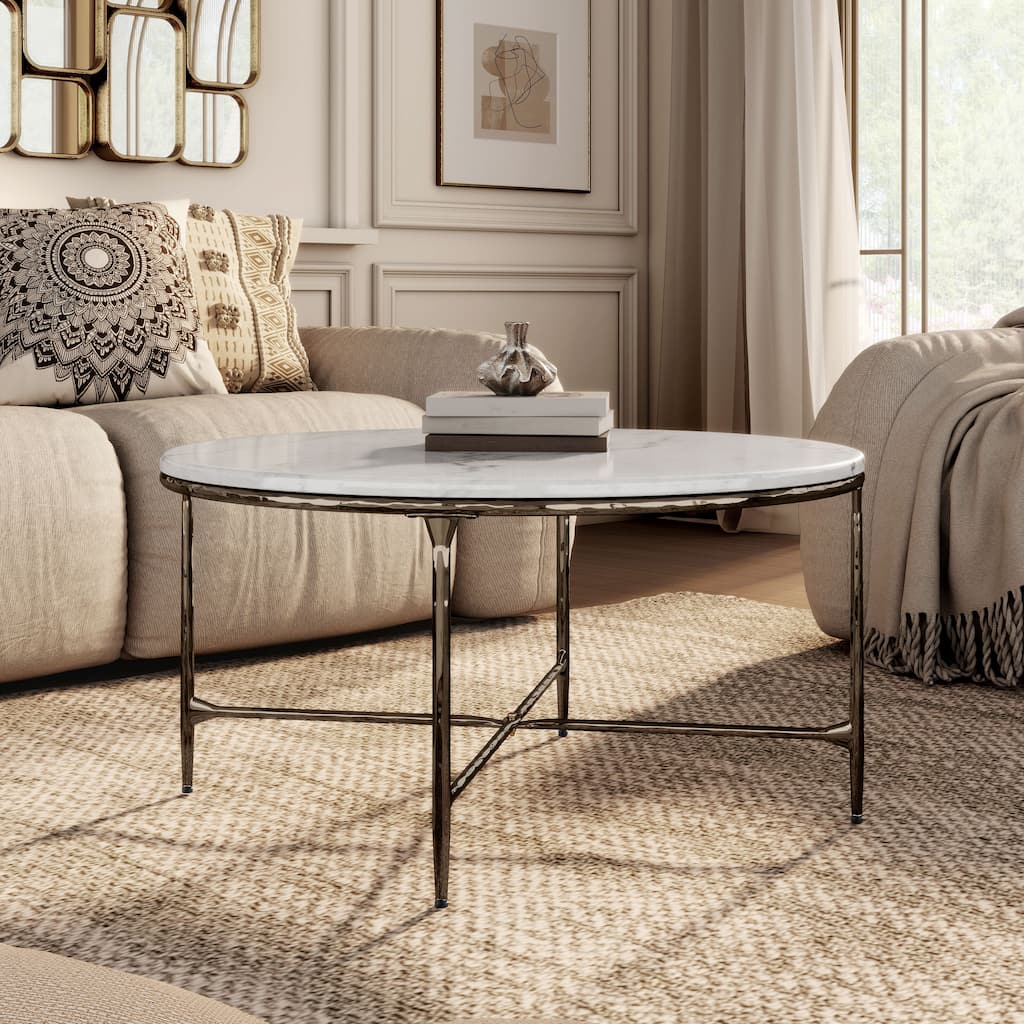 247 Shop At Home Aureum Modern Hammered Dark Bronze Metal White Genuine Marble Coffee Table with X-Brace