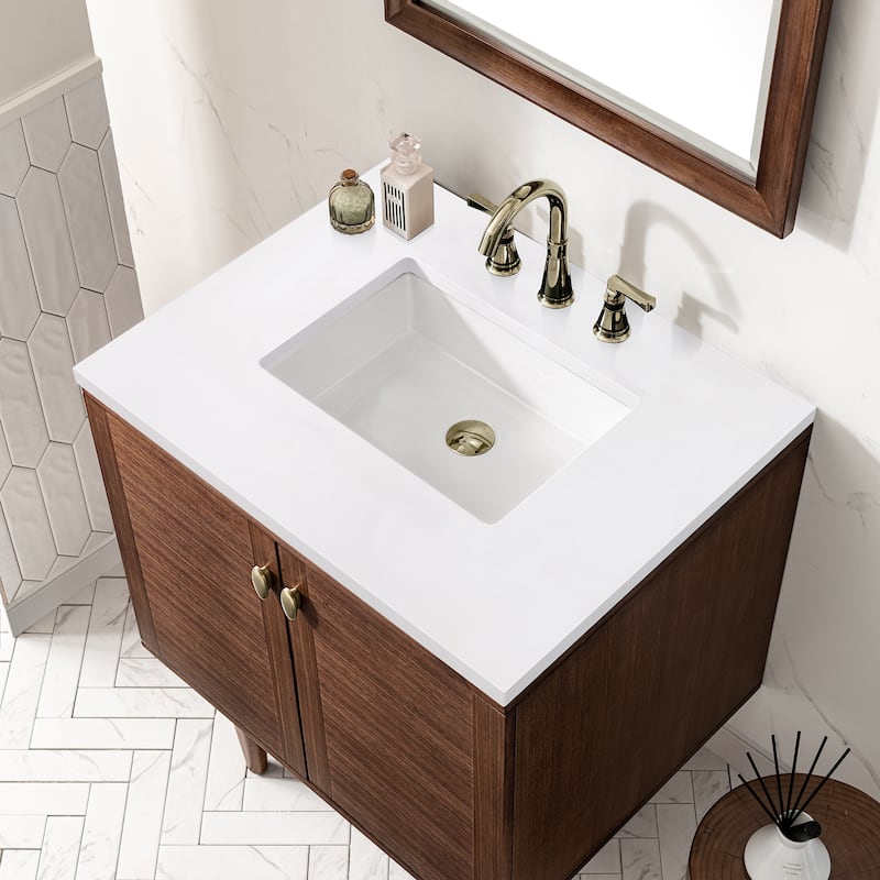James Martin Vanities Amberly 30" Single Vanity, Mid-Century Walnut - White Zeus Quartz