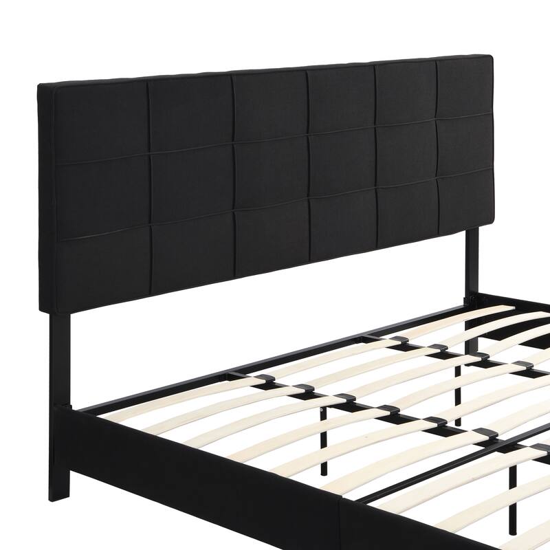 Black King Size Upholstered Bed with Linen Fabric Headboard