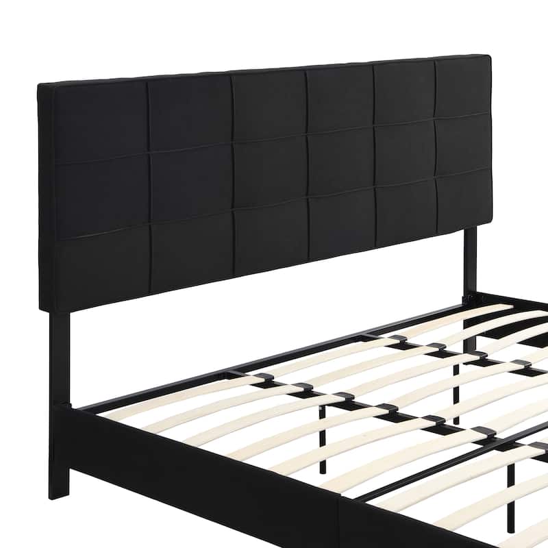 King Size Upholstered Platform Bed with Linen Fabric Headboard for Bedroom